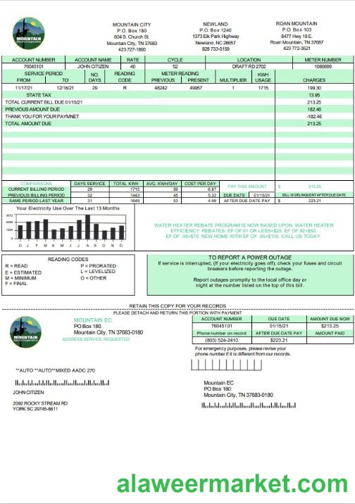 USA Tennessee Mountain Electric Cooperative, Inc. (MEC) utility bill template in Word and PDF format